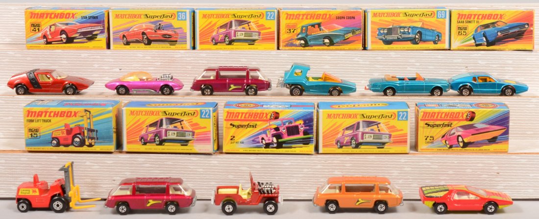Eleven Matchbox "Superfast" Toy Automobiles in Box: Eleven Matchbox "Superfast" Toy Automobiles in Boxes. #69, Rolls Royce Silver Shadow Coupe convertible, blue, c.1969; #22, Freeman Inter-city Commuter, orange, c.1070; #22, Freeman Commuter in red, c.
