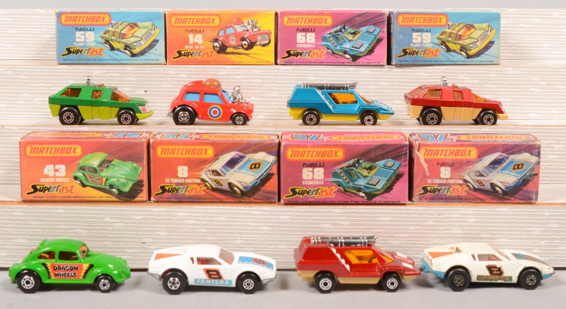 Eight Matchbox "Superfast" Toy Automobiles in Boxe: Eight Matchbox "Superfast" Toy Automobiles in Boxes. #43, Dragon Wheels, green, c. 1972; 2pcs. #8, De Tomaso Pantera, white, c. 1975; #14, Mini Ha Ha, red, c. 1975; 2pcs. #59, Planet Scout, green & re