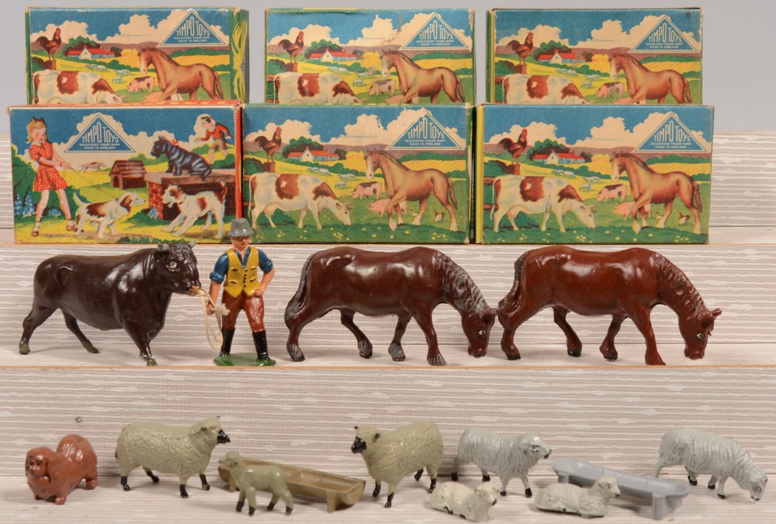 Six NOS Boxes of Timpo Toys Painted Cast Animal Fi: Six NOS Boxes of Timpo Toys Painted Cast Animal Figures. Two sheep with two lambs and trough; Grazing brown horse; Brown Pekinese dog; Two sheep with lamb and trough; Grazing brown horse; Farmer with 