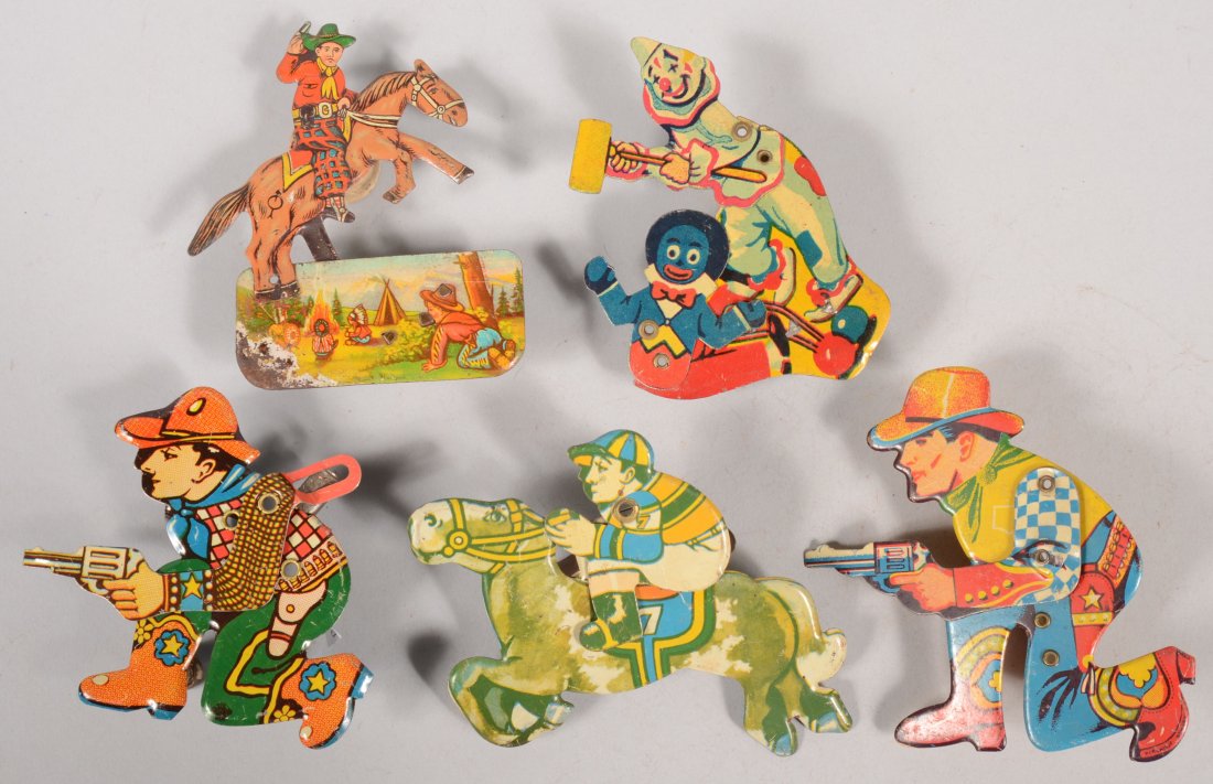 Five Animated Clicker Toys with Polychrome Lithogr: Five Animated Clicker Toys with Polychrome Lithographic Illustration. Three cowboys: a crouching gunfighter, a buckaroo on horseback with Indian camp scene, and a crouching gun fighting cowboy. Along 