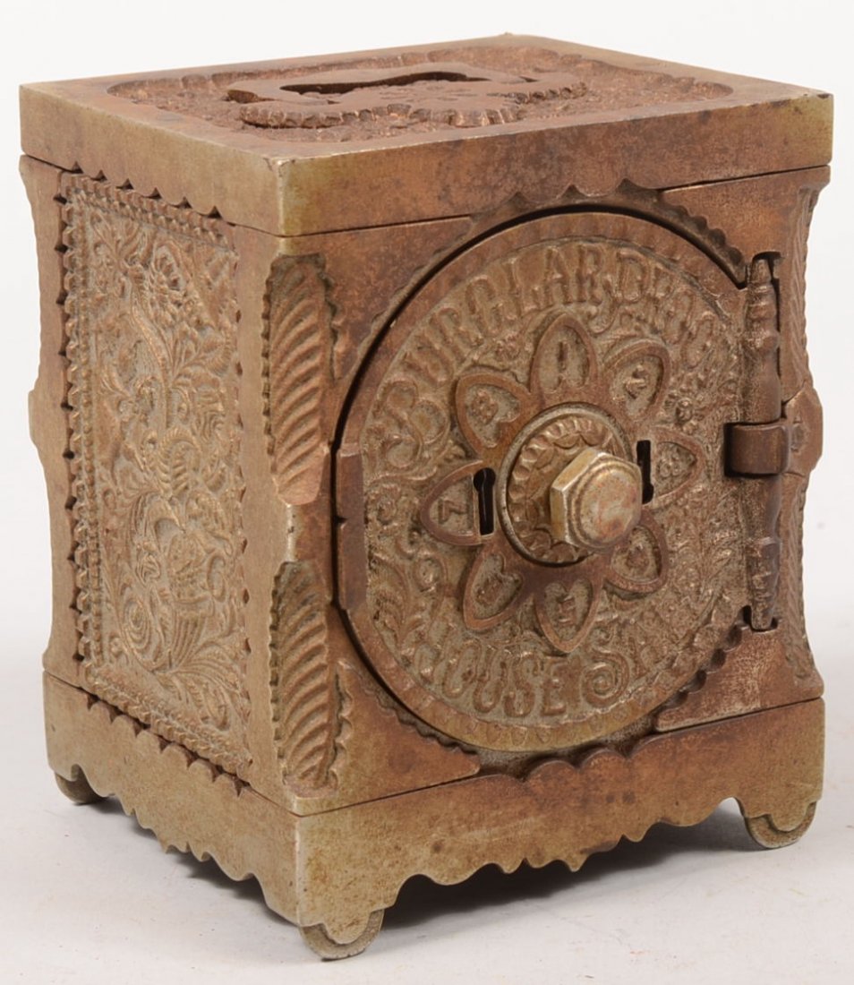 "Key Combination Safe No. 40" Nickel Plated Bank. : "Key Combination Safe No. 40" Nickel Plated Bank. Bottom label reads: "The J. & E. Stevens Co., Cromwell, Conn. USA, Patd. Aug. 17, 1897." Circular door reads: "Burglar Proof House Safe." Folding hand
