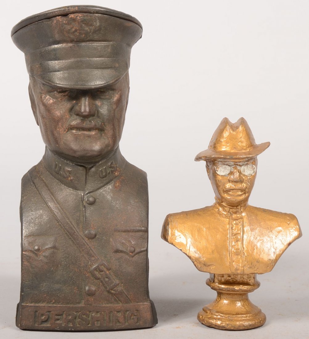 Two American War Hero Cast Iron Still Banks. A "TE: Two American War Hero Cast Iron Still Banks. A "TEDDY" bank of Colonel Theodore Roosevelt of Rough Rider fame, c. 1898. Made by A.C. Williams, 1919. Along with a General Pershing bank with bronze flas