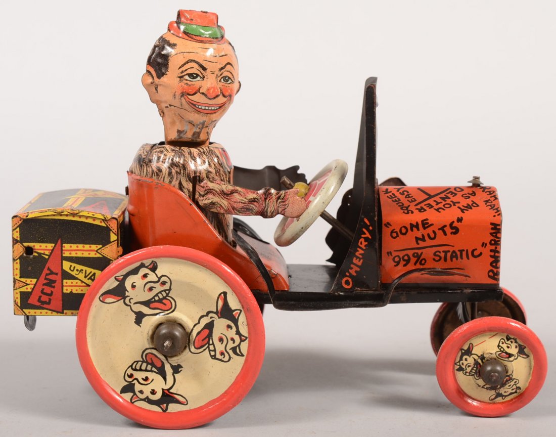 Whoopie Car by Marx Toys Lithographed Tin Wind-up.: Whoopie Car by Marx Toys Lithographed Tin Wind-up. Animated vehicle spins, stands up while the college student driver's head spins. 6"h. X 7"l.