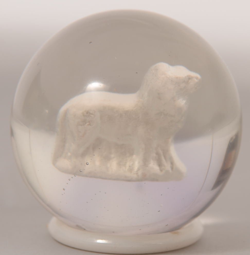 Crystal Sulphide Marble with Standing Lion Within.: Crystal Sulphide Marble with Standing Lion Within. 1 5/8"dia.