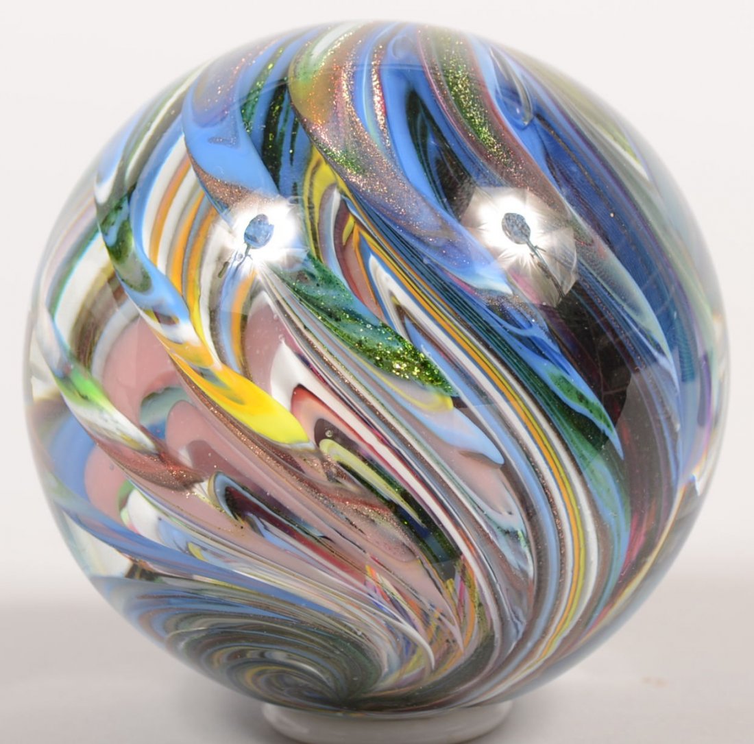 Dennis Jones, 2002, Signed Eight Strand Swirl Marb: Dennis Jones, 2002, Signed Eight Strand Swirl Marble. 3"dia. blue based polychrome swirled crystal sphere.