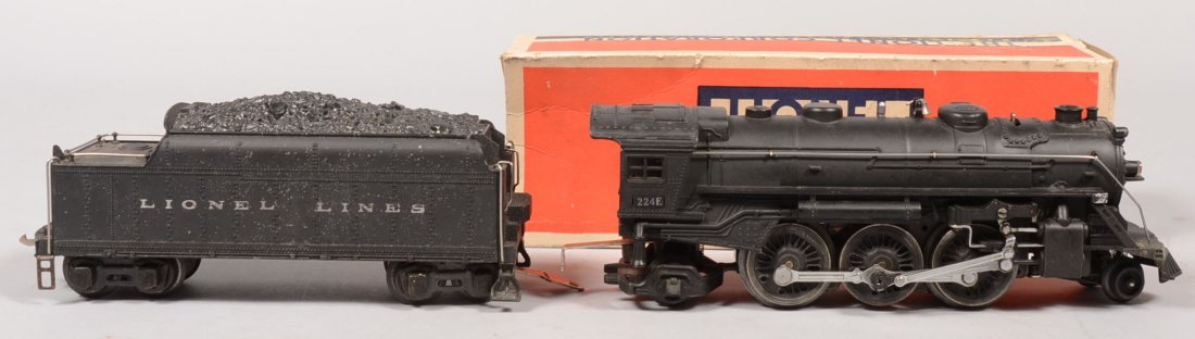 Lionel #224E 2-6-2 Steam Engine Type III with 2224: Lionel #224E 2-6-2 Steam Engine Type III with 2224T Tender. Having nickel hand rails, directional switch on boiler, swinging plated bell, nickel Baldwin wheels rims and drive wheel side rods. Tender h