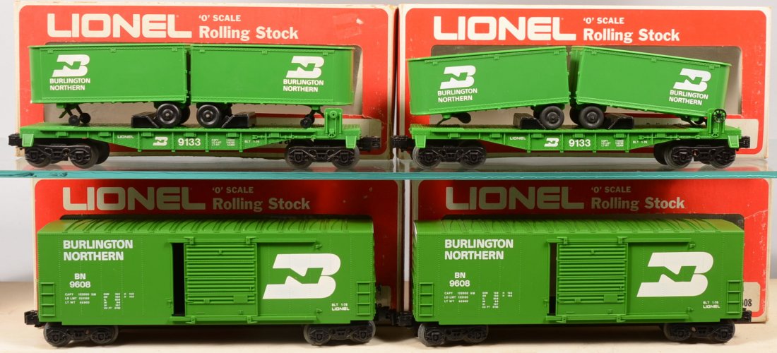 Four Lionel Burlington Rail Cars. Two, 9133, Flat : Four Lionel Burlington Rail Cars. Two, 9133, Flat Cars with Vans. All in green with white lettering and with original boxes. Together with two, 9608, Burlington Northern Hi-Cube Box Cars. Both in gree