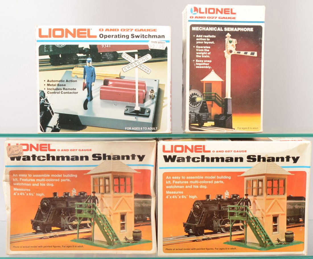 Lionel Train Yard Accessories. Operating Switchman: Lionel Train Yard Accessories. Operating Switchman, 2128, with remote control contactor. A Mechanical Semaphore Kit, 2311, in box and two 2719, Watchman Shanty's in boxes. One still in shrink wrap.