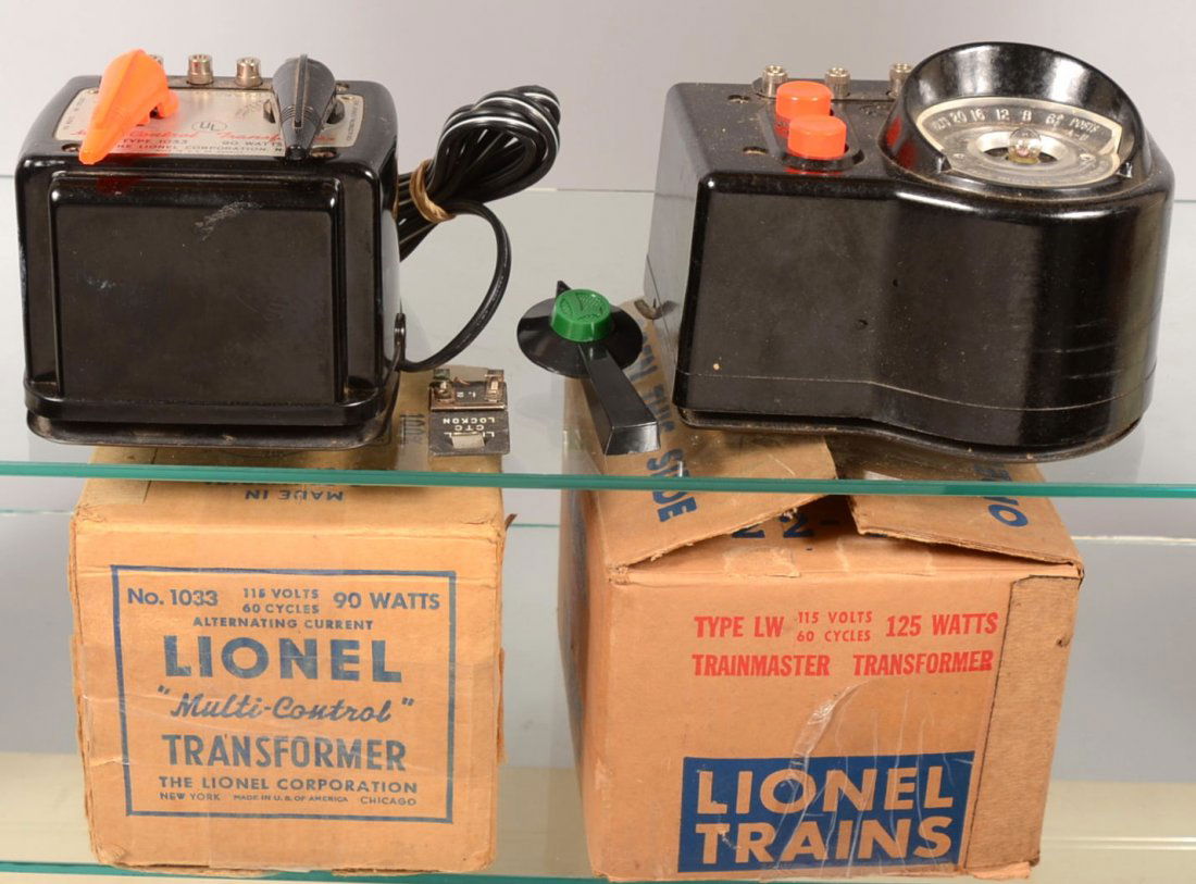Two Lionel Train Layout Transformers. A Type LW, A: Two Lionel Train Layout Transformers. A Type LW, AC 115 volts "Trainmaster" along with a Type 1033, 115 volts Multi-Control transformer.