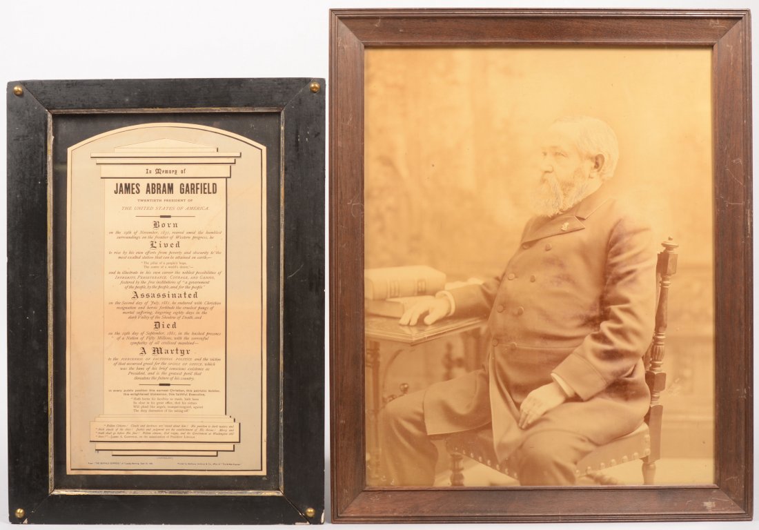 Two President James Garfield Framed Pieces. A large : Two President James Garfield Framed Pieces. A large sepia photograph of the man seated at a table. No text. Mounted in a brown stained oak frame. Image 19 1/2"h. X 15 3/4"w. and 22 3/4"h. X 18 3/4"w. 