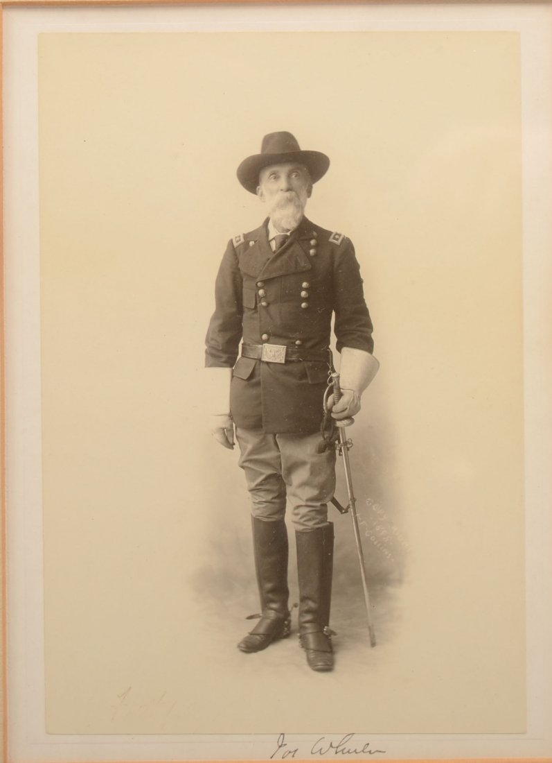 Autographed Photo of General Joseph Wheeler. A pos: Autographed Photo of General Joseph Wheeler. A post war image after he was "back in the Union." Wearing a shorter Officer's tunic with three star shoulder boards, campagin hat, high boots and sword. M