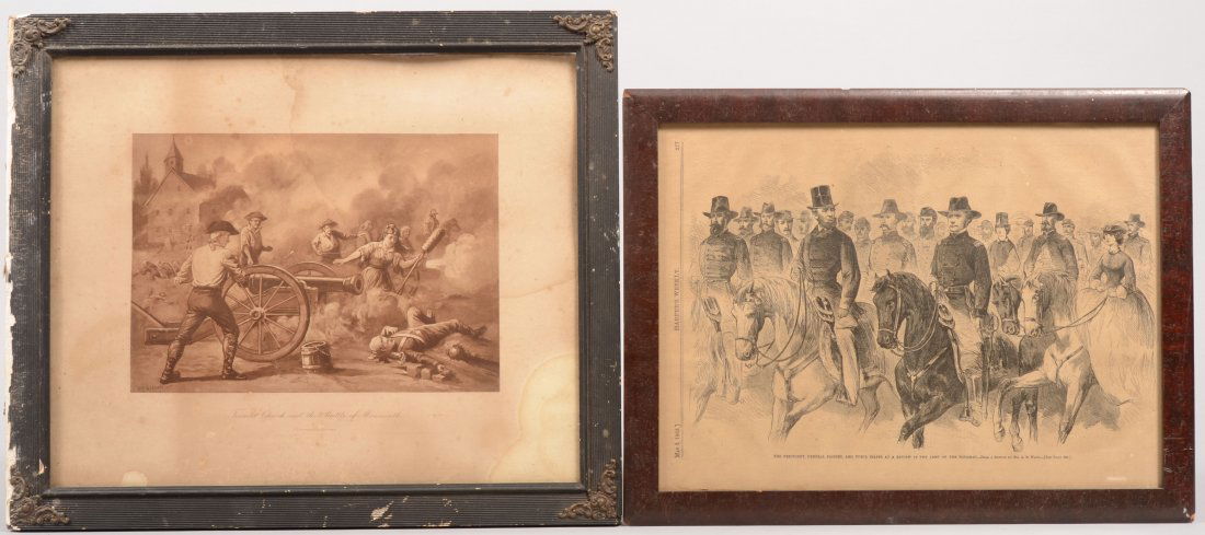 Two Framed Early American Military Prints. A full p: Two Framed Early American Military Prints. A full page image from May 2, 1863 issue of Harper's Weekly showing President Lincoln with Genl. Joseph Hooker reviewing the Army of the Potomac. 13"h. X 16