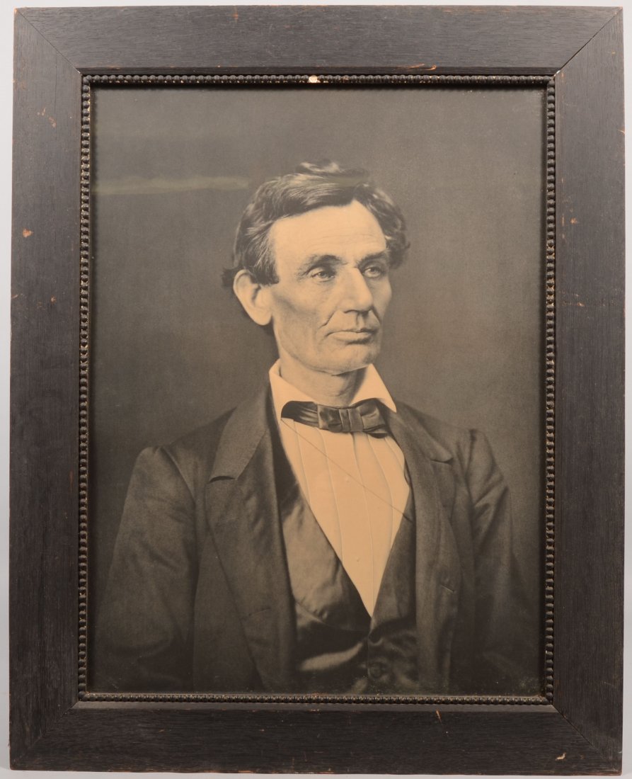 Large B&W Image Of a Young Beardless Lincoln. Must : Large B&W Image Of a Young Beardless Lincoln. Must have been made before his election in November of 1860 by when he obliged Grace Bedell's request. Mounted in an fume stained oak frame. 26 3/4"h. X 2