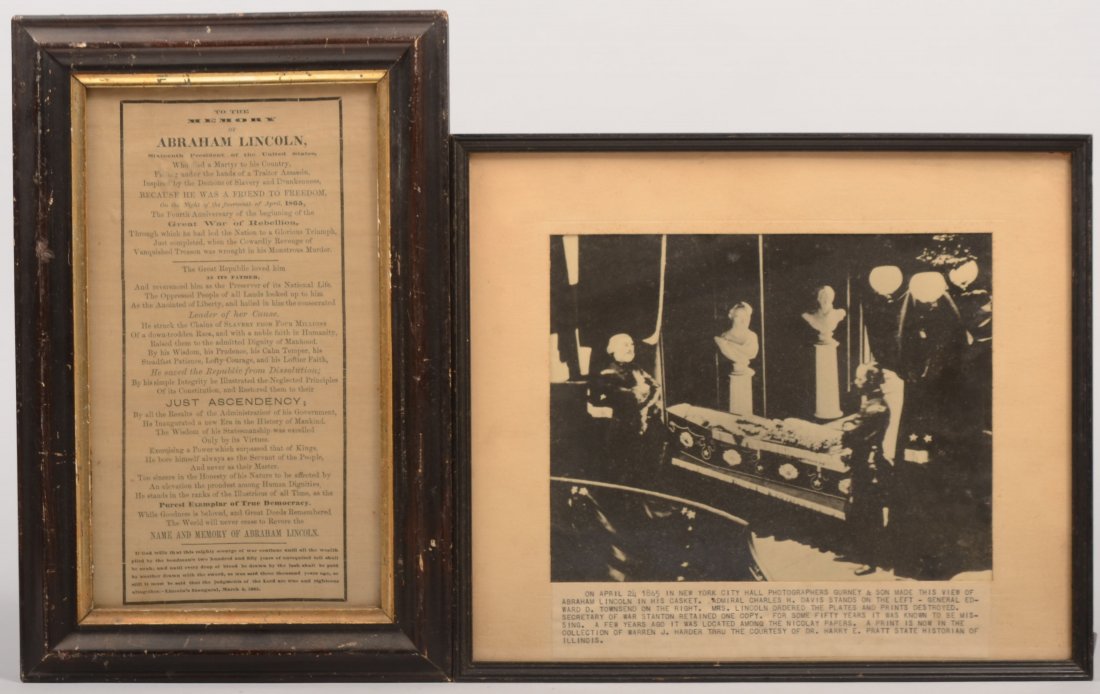 Two Framed Lincoln Memorial Pieces. A print of a ph: Two Framed Lincoln Memorial Pieces. A print of a photograph showing Lincoln Lying in State at New York City Hall, April 24, 1865. Accompanied by a detailed description. Mounted in a narrow black wood 