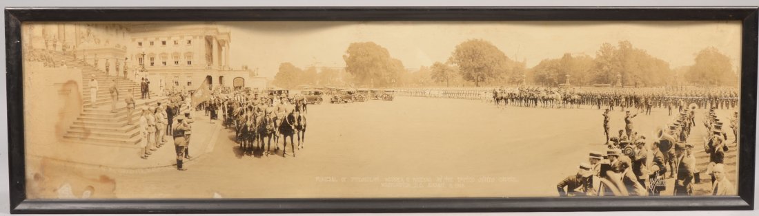 Funeral Procession of Warren G. Harding in a Panora: Funeral Procession of Warren G. Harding in a Panoramic Photograph. Showing a Military Dress Parade with Band playing, press, dignitaries and funerary caisson. Descriptive text at center foreground in 