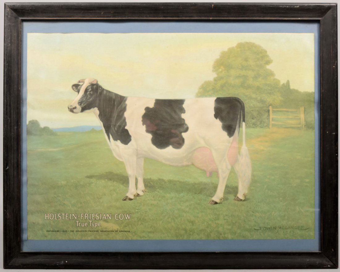 Framed Color Poster for Holstein-Friesian Cows. Sho: Framed Color Poster for Holstein-Friesian Cows. Showing a B&W Holstein cow in a meadow. Produced in 1923 for the H-F Association of America from a painting by Edwin Megargee, 1922. Matted in a black w