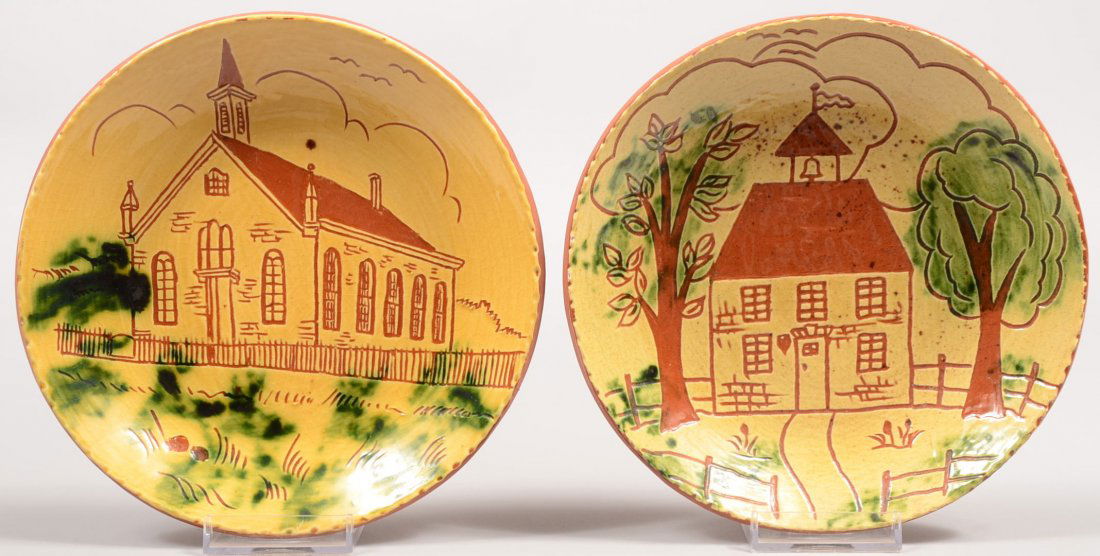 Two Breininger Pottery Marked Redware Dishes. Each: Two Breininger Pottery Marked Redware Dishes. Each dish having an incised drawing through yellow with green slip. One with coggle rim marked: "Chapel, Robesonia, Pa. #2" and showing a church. Dated: "