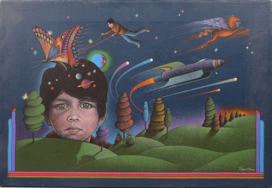 A Boy's Dreams. Oil on canvas signed by Roger Hane: A Boy's Dreams. Oil on canvas signed by Roger Hane in lower right. Hane, American, 1939 - 1974. Highly recognized illustrationist for magazines and paperback books. Awarded Artist of the Year, 1974, b
