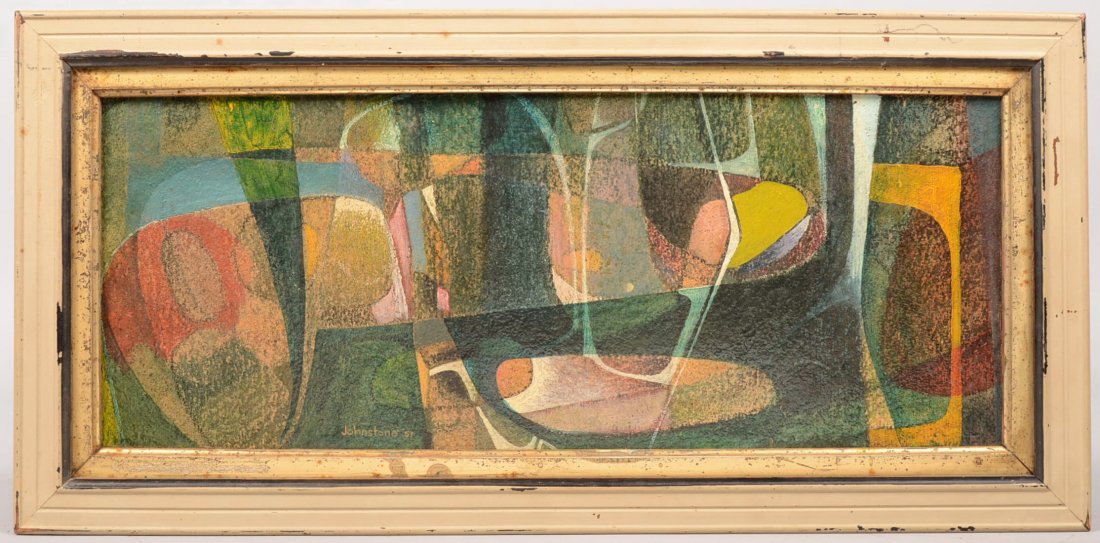 Modern Color Abstract Titled: "Projections." Signe: Modern Color Abstract Titled: "Projections." Signed along right margin, "Johnstone, '57." Oil on textured paper. Munson-Williams-Protor Institute, Utica, N.Y. label verso: "Bruce Johnstone, Original."