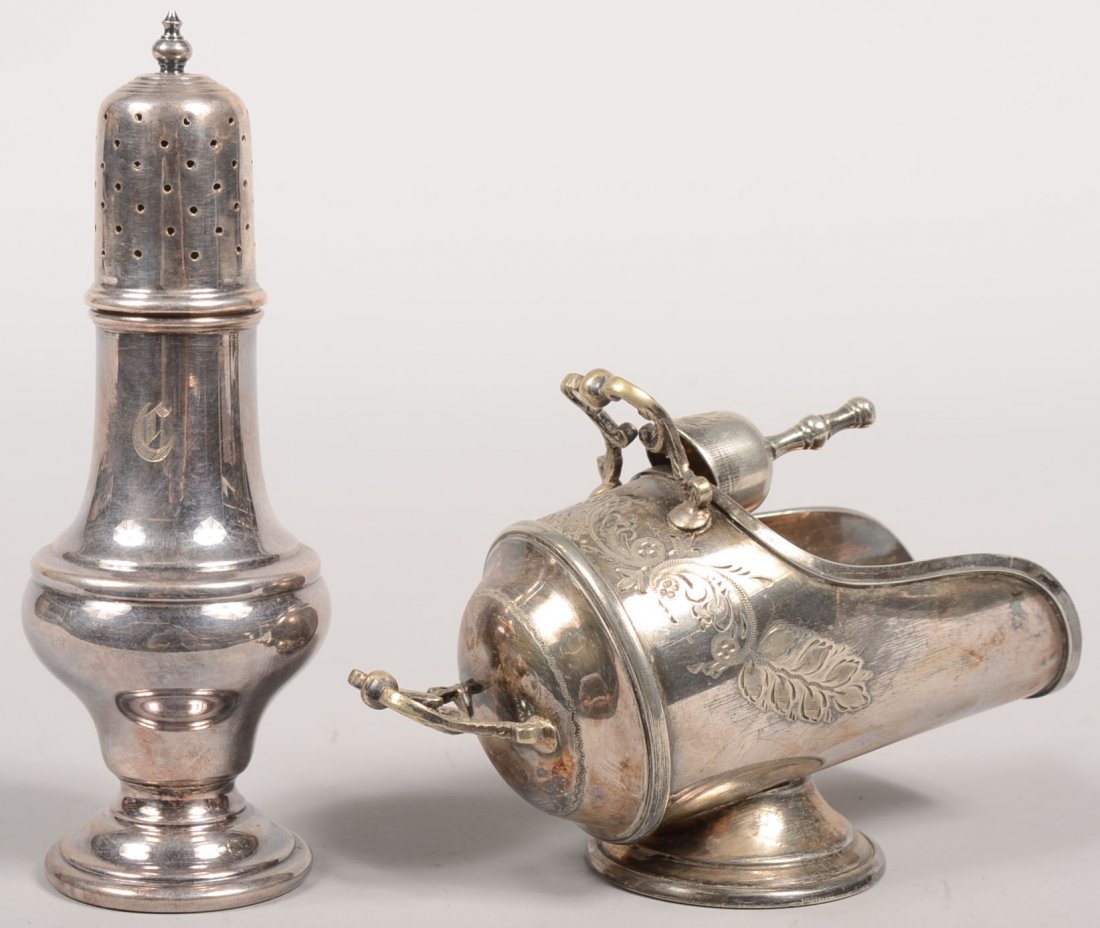 Two Silver Plate Condiment Table Pieces. A Sheffie: Two Silver Plate Condiment Table Pieces. A Sheffield marked castor of early style having a high domed perforated top with finial, baluster shape on raised circular foot. 7 3/4"h. Along with an Aesthet