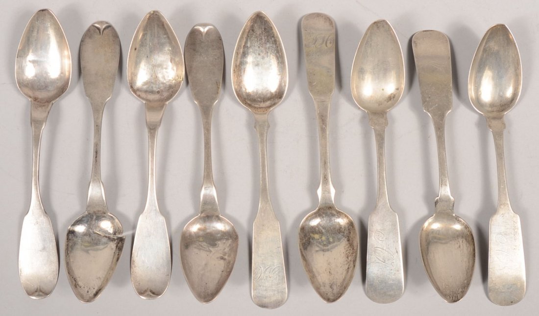 Nine Coin Silver Teaspoons. All early 19th century: Nine Coin Silver Teaspoons. All early 19th century fiddle-back type. Two marked: "N. Harding" in rectangle, 6"l.; three marked: "E. Cook" & "E. F. W." in rectangles, 5 3/4"l.; four with three small to