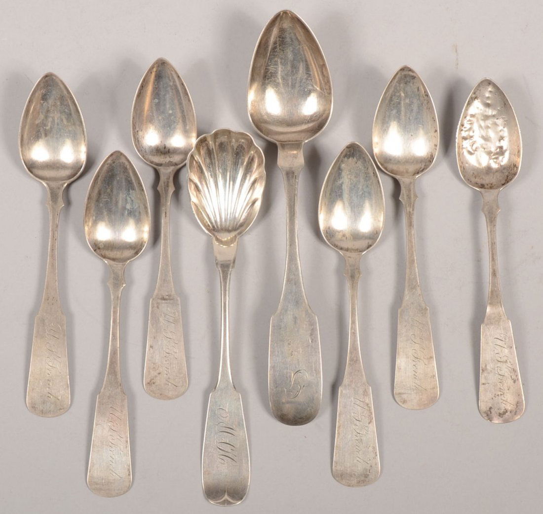 Eight Coin Silver Teaspoons. Six spoons marked: "J: Eight Coin Silver Teaspoons. Six spoons marked: "J. Abbot" in a serrated rectangle. John W. Abbott, 1839, Portsmouth, New Hampshire. 5 3/4"l. each. Along with two different spoons marked: "R. & W.W.,