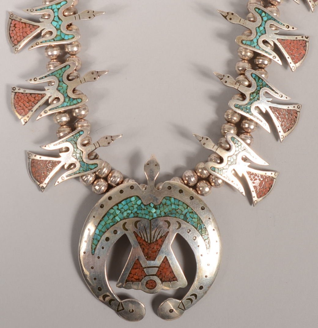 Vintage Navajo Peyote Bird Silver, Turquoise and C: Vintage Navajo Peyote Bird Silver, Turquoise and Coral Mosaic Double Strand Necklace. Large silver Peyote bird form Naja with 12 Peyote birds settings along the double strands of silver hollow beads. 