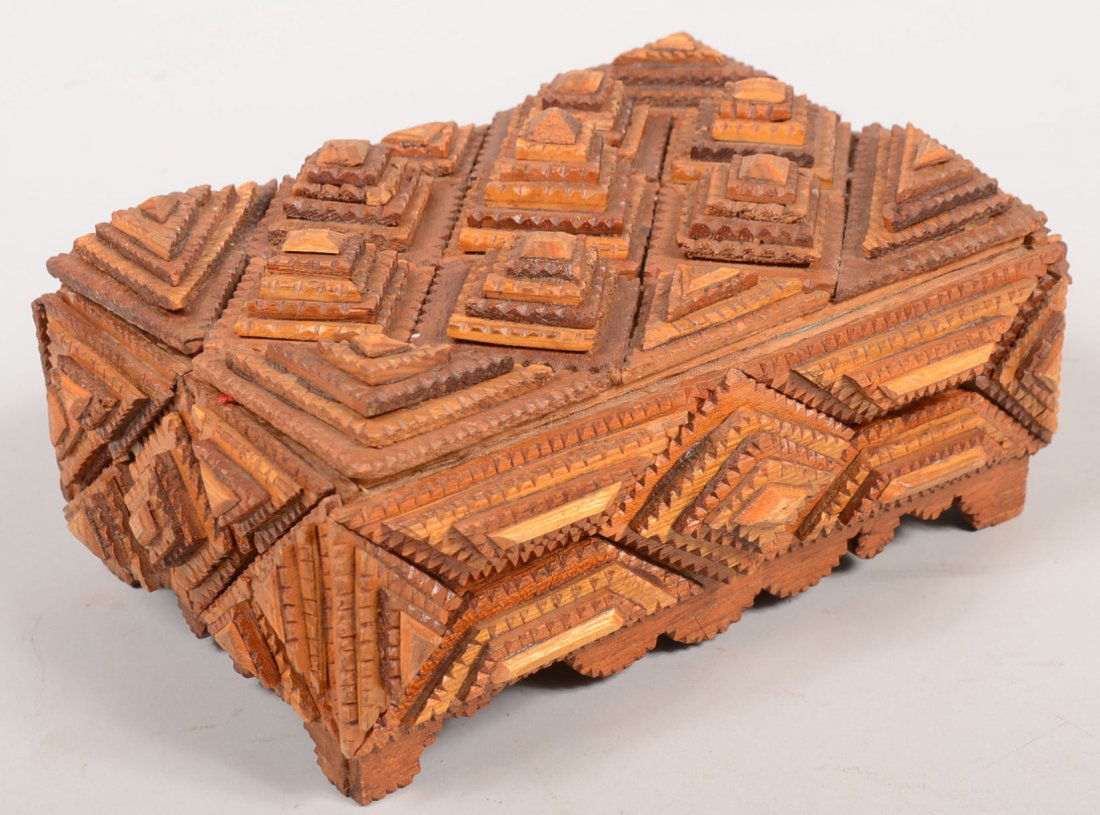 Signed Chip Carved Pieced Wood Decorated Cigar Box: Signed Chip Carved Pieced Wood Decorated Cigar Box. Signed with pencil on bottom: "Made by John Henry, Dec. 18, 1894" on a box with a Williamsport, PA. label. Multiple square and triangular stacks cov