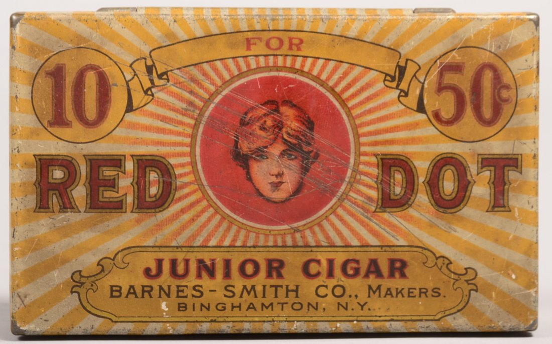 Small Lithographed Tin Cigar Box. "Red Dot, Junior: Small Lithographed Tin Cigar Box. "Red Dot, Junior Cigar, 10 for 50cents, Barnes-Smith Co. Makers, Binghamton, N.Y." Cover shows ayoung womans face on a red dot. 1 3/16"h. X 4 3/4"w. Condition: Good w
