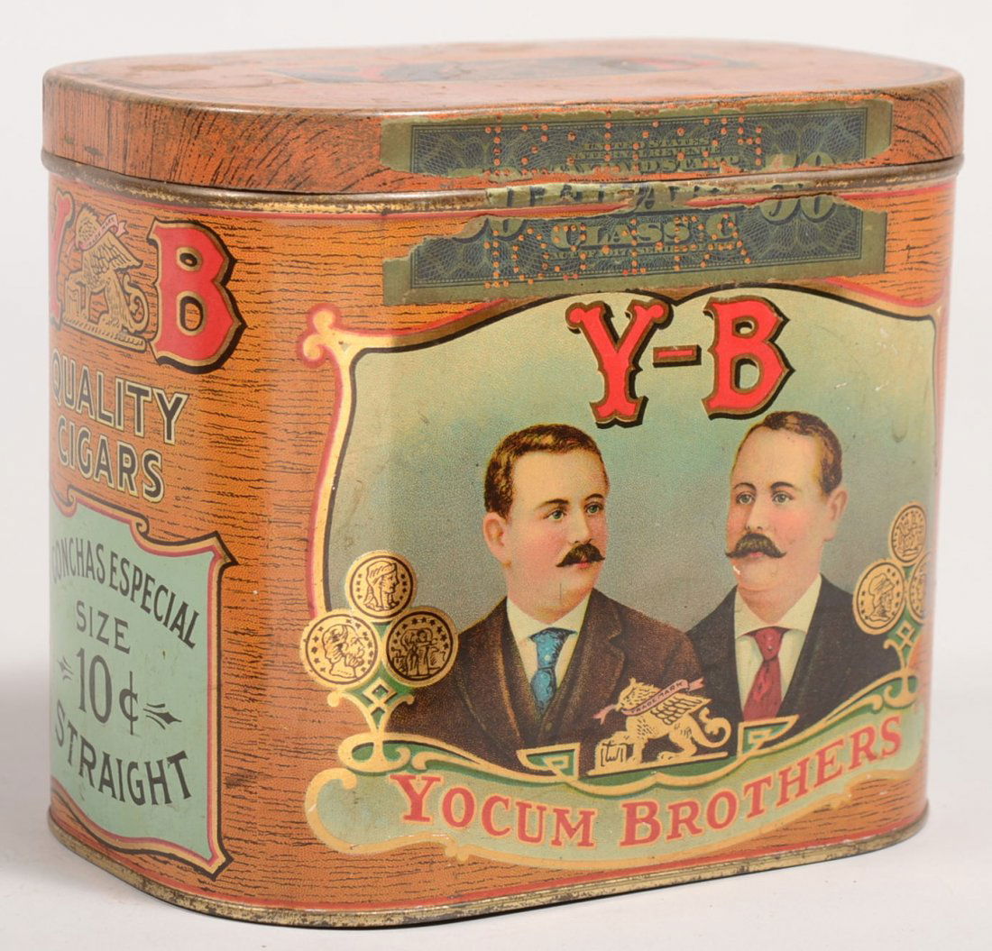 Y-B Color Lithographed Cigar Tin. Rectangular box: Y-B Color Lithographed Cigar Tin. Rectangular box with hinged lid labeled: "Yocum Brothers, La Cubana Cigar Factory, Conchas Especial Size 10 cent Straight." Showing the two brothers enportrait on fac