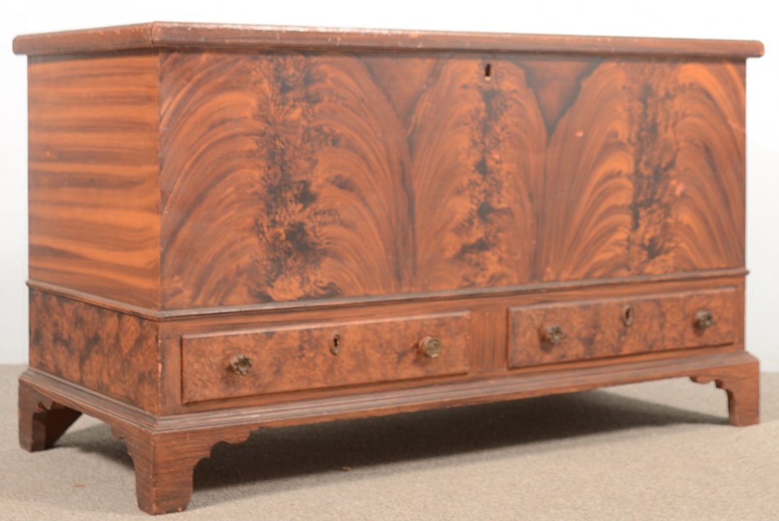 Pennsylvania Early 19th Century Softwood Paint Dec: Pennsylvania Early 19th Century Softwood Paint Decorated Blanket Chest. Bold flame and stippled painted surface. Molded lid, interior till, dovetailed case, two split lower dovetailed drawers, molded 