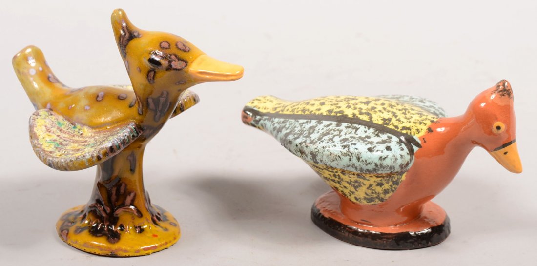 Two Seagraves Initialed Goofy Redware Bird Novelty: Two Seagraves Initialed Goofy Redware Bird Noveltys. Both marked: JCS. Each has a different type of glaze. 5 1/8"h. & 3 3/4"h. Condition: Both good, no damage.