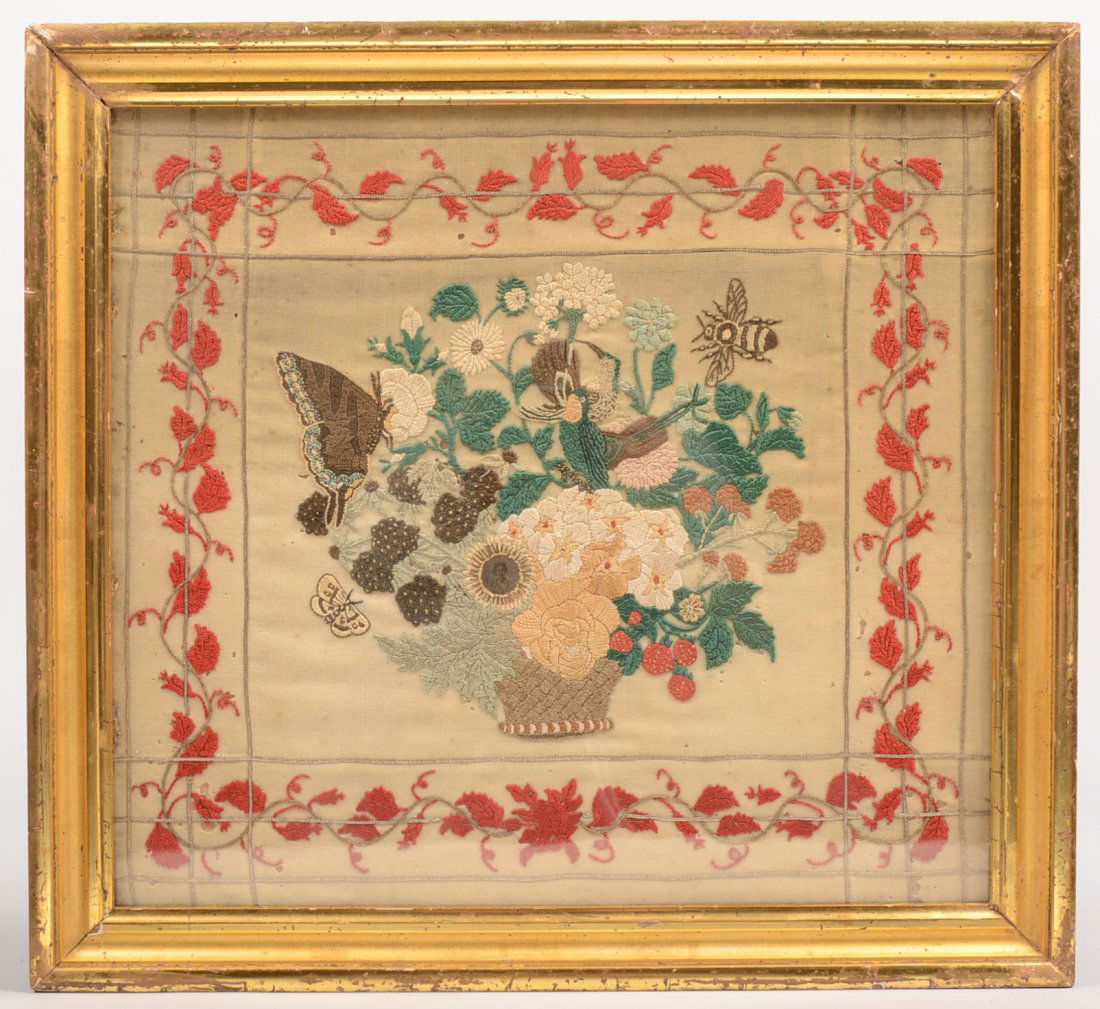 American School 19th Century Embroidered Still Lif: American School 19th Century Embroidered Still Life. Polychrome basket of flowers with strawberries, exotic bird, butterflies and a bumble bee. A tin-type photograph of a young lady (probably the arti