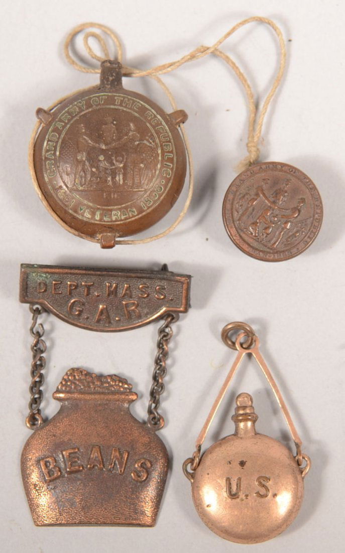 Four Pieces of GAR Souvenir Pins. A copper lapel s: Four Pieces of GAR Souvenir Pins. A copper lapel stud. 5/8"dia.; a gold filled canteen charm marked: U.S., 1 3/8"h.; a copper two part pin with bar marked: "Dept. Mass. G.A.R." over a pot marked: "BEA