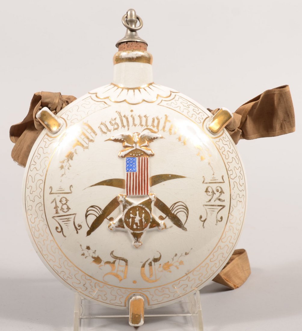 GAR White Ironstone Canteen with Gilt Decoration. : GAR White Ironstone Canteen with Gilt Decoration. Probably a souvenir of a Reunion Encampment. Marked: "Washington D.C., 1892" with a relief and highlighted GAR members medal and crossed swords. Perso