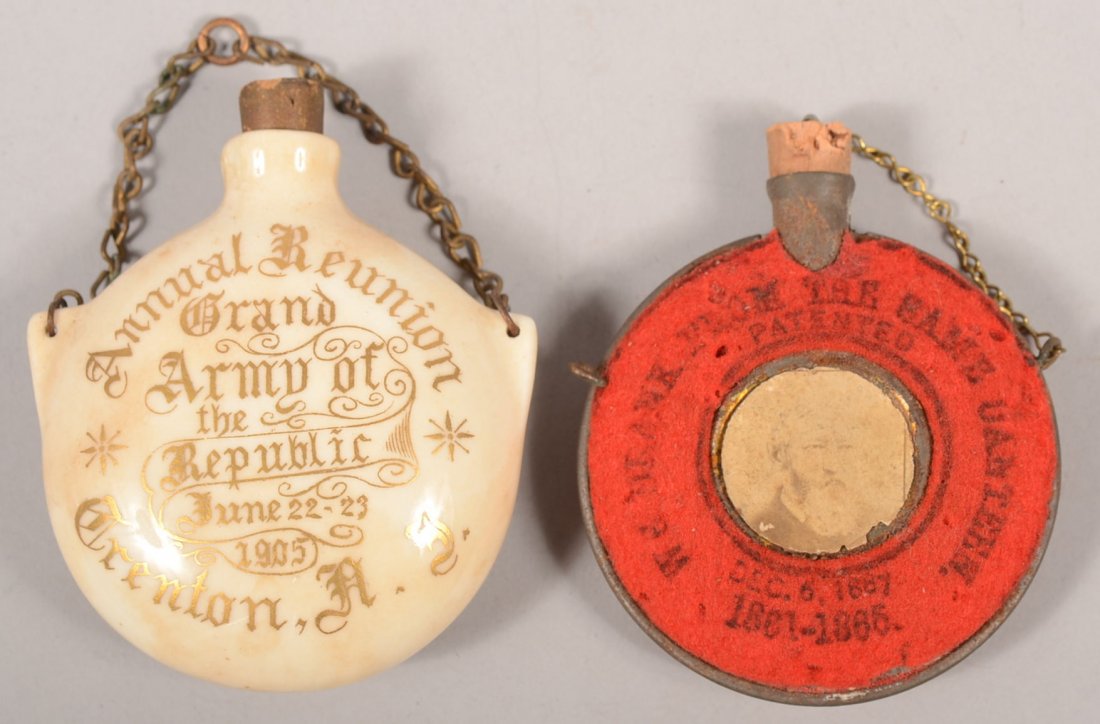 Two GAR Encampment Souvenir Miniature Canteens. A : Two GAR Encampment Souvenir Miniature Canteens. A white ironstone canteen with gilt decoration: "Annual Reunion, Grand Army of the Republic, Trenton, N.J., June 22, 23 1905." Back illustrated with the