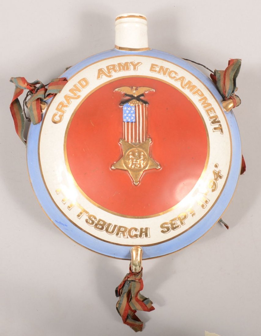 Full Size White Stoneware GAR Reunion Canteen. Pai: Full Size White Stoneware GAR Reunion Canteen. Painted with blue outer rim band, gilt decoration on white band including: "Grand Army Encampment, Pittsburgh, Sept. 11#, (18)94." A red center field wit