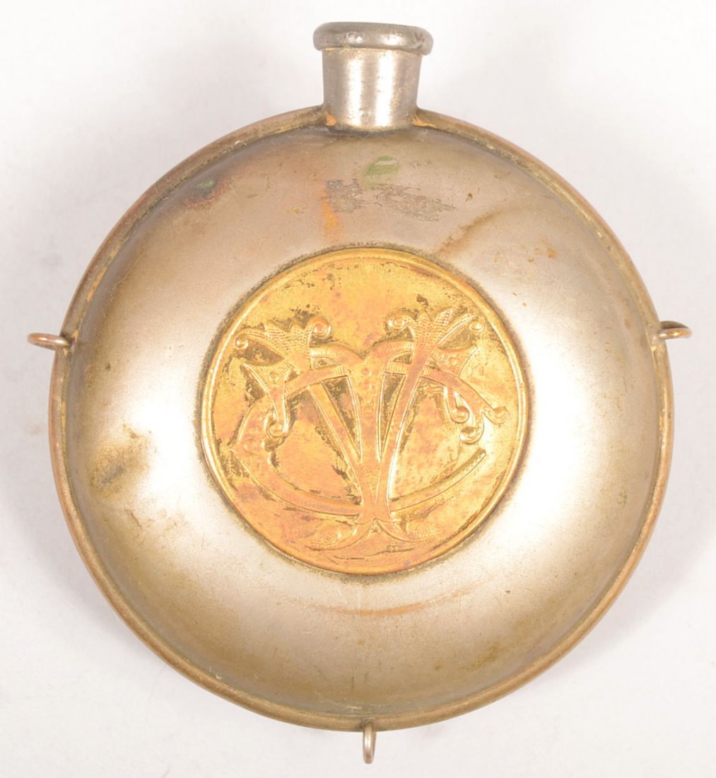 Nickel Plated Brass Souvenir Canteen with Brass Me: Nickel Plated Brass Souvenir Canteen with Brass Medallions. Face plate states: "Post 2, Philadelphia." Reverse side plate has three super-imposed letters: C. T. V. or other initial order. Three cord r