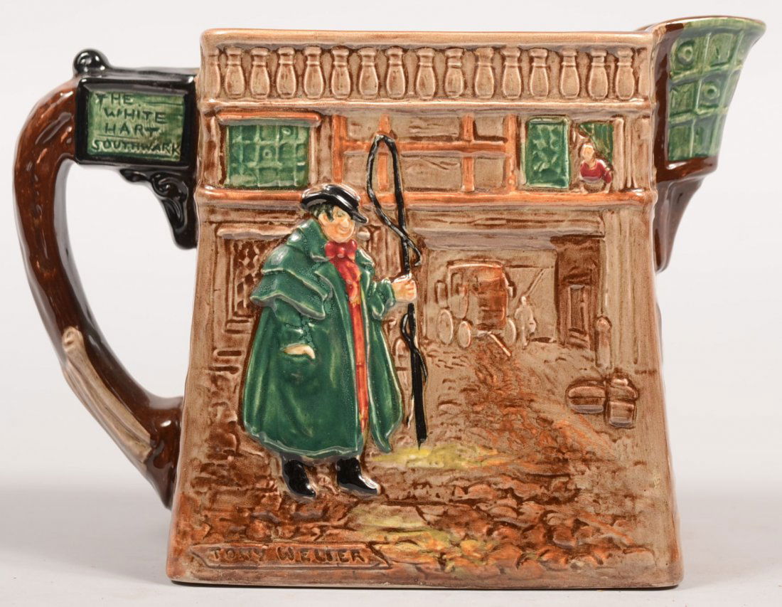 Royal Doulton Square Press Molded "Pickwick Papers: Royal Doulton Square Press Molded "Pickwick Papers" Pitcher. Polychromed relief decorated representation of the White Hart Inn at Southwick. Legend printed on bottom along with mark for Royal Doulton.