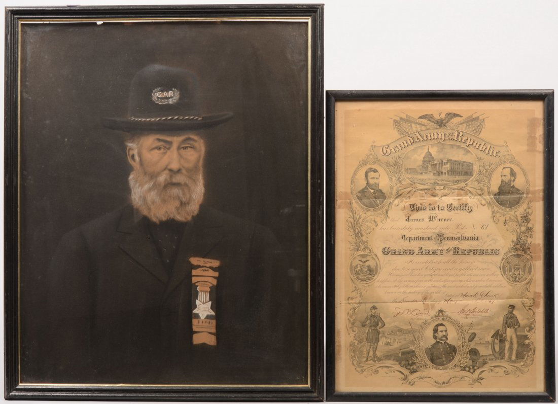 GAR Veteren Portrait and Membership Certificate. P: GAR Veteren Portrait and Membership Certificate. Portrait on black ground appears to be a pastel enhanced photograph. Bearded man wearing slouch hat with GAR insignia and Post ribbon badge. Mounted in