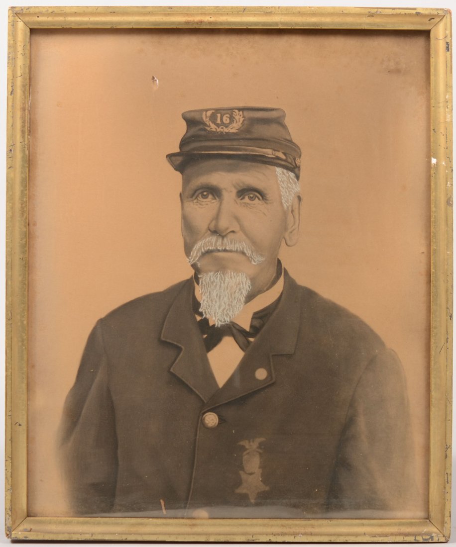Photograph of a Civil War Veteren in GAR Uniform.: Photograph of a Civil War Veteren in GAR Uniform. Wearing a kepi with wreathed number 16 for Post designation. Location unknown. Image enhanced with white on beard, mustache and hair and also mshowing