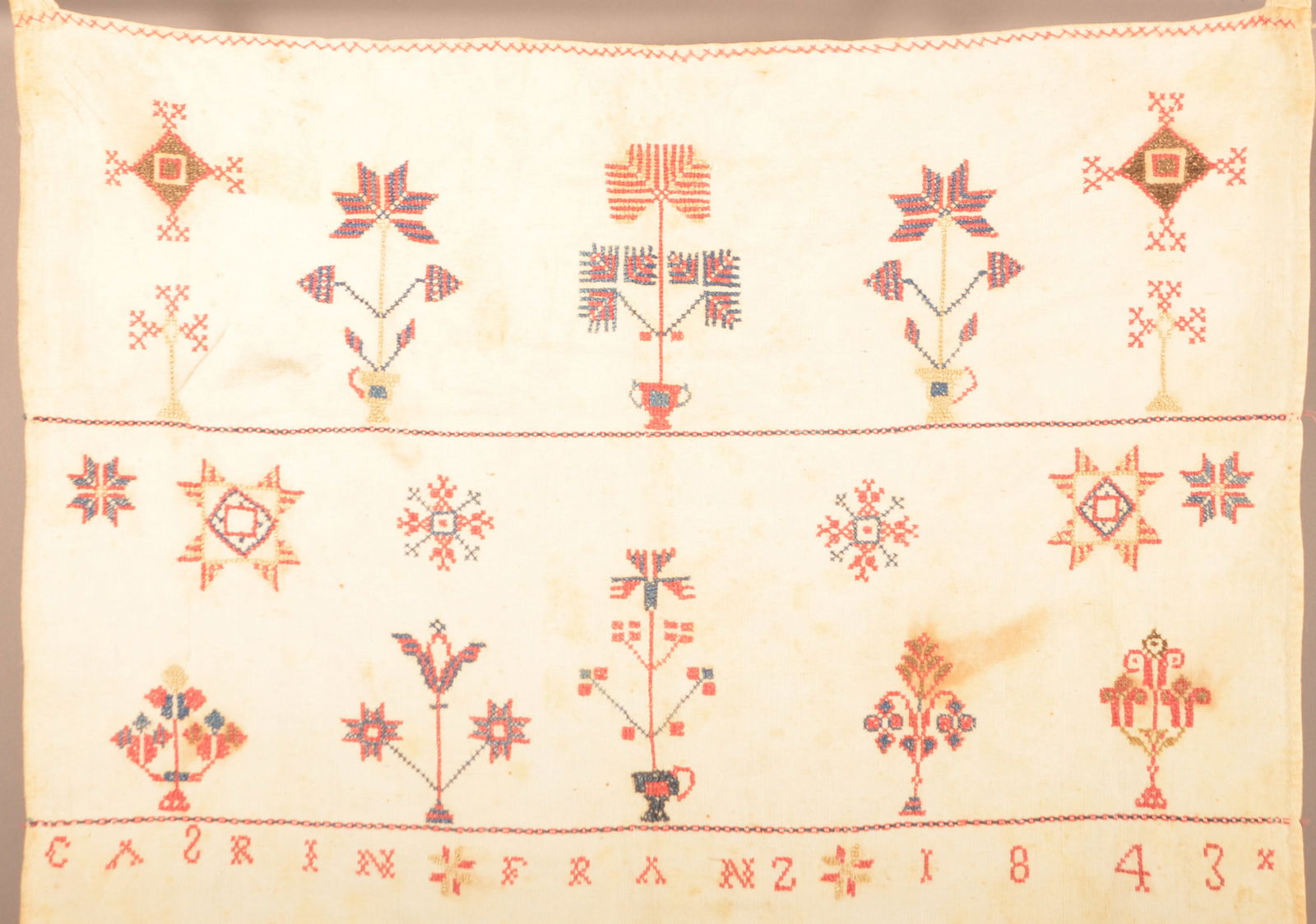 PA Needlework Show Towel by Casrin Franz, Dated 1843. (1 of 4)