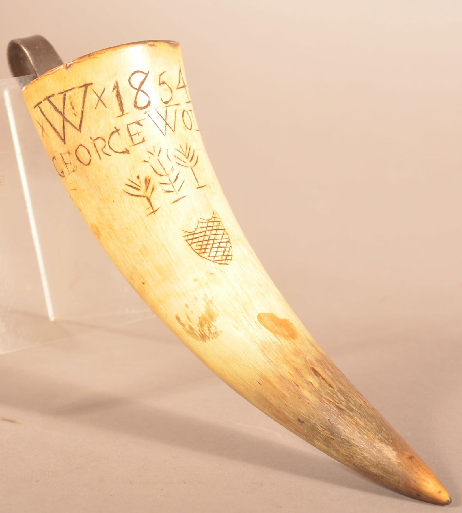 Carved Horn Wet Stone Holder Dated 1854 and 1859. (1 of 6)