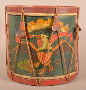 Civil War US Regulation Painted Eagle Drum.: Civil War US Regulation Painted Eagle Drum. Attributed manufacture to Charles E. Town, Bath, ME. Regulation US Infantry hand-painted snare drum. 16"h. x 16-1/2" diam.