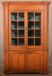 York County Chippendale Architectural Corner Cupboard.: York County, PA Chippendale Architectural Corner Cupboard. Softwood 2-part with bold step-molded cornice above two glazed 8-pane doors, serpentine shelves and reeded stiles, above two lower panel