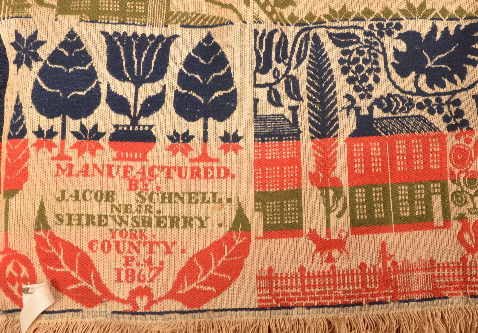 1867 York County Single-Part, 4-Color Jacquard Coverlet. (1 of 8)