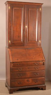 Rare York County, PA Chippendale Walnut Secretary Desk.: Rare York County, PA Chippendale Walnut Secretary Desk. Cove-molded cornice, two upper raised panel doors, compartmented interior above a slant-lid desk with drawers and compartments, four