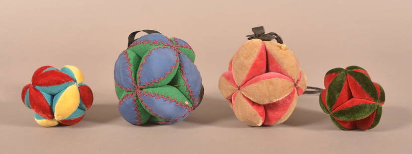 Four Antique PA Mennonite Fabric Pin Cushion Balls.: Four Antique PA Mennonite Fabric Pin Cushion Balls. 3" to 4-1/4" diam.