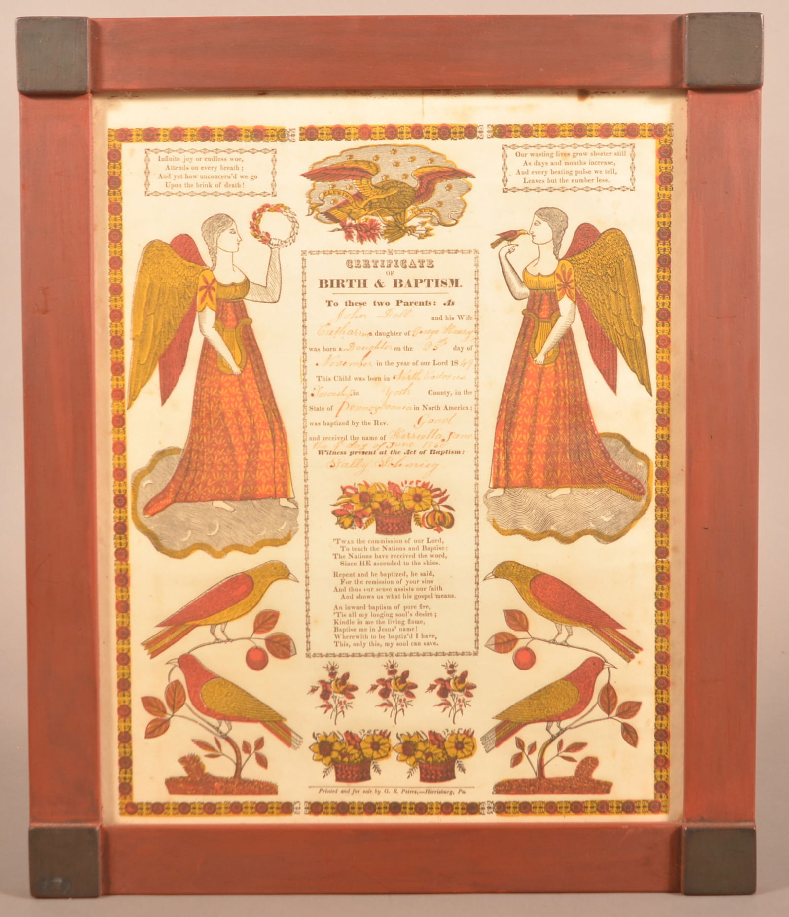 G.S. Peters 1849 Printed and Hand-Colored Taufschein. (1 of 3)