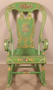 PA 19th Century Decorated Balloon-Back Rocking Chair.: Pennsylvania 19th Century Paint-Decorated Balloon-Back Rocking Chair. With boot-jack splat and original green ground paint with polychrome bird and fruit stencil decoration. Seat height, 17-1/2"; 44"h